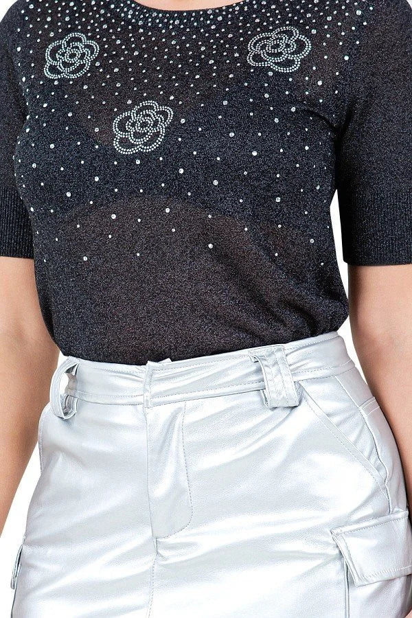 Flor Sheer Knit & Rhinestone Top