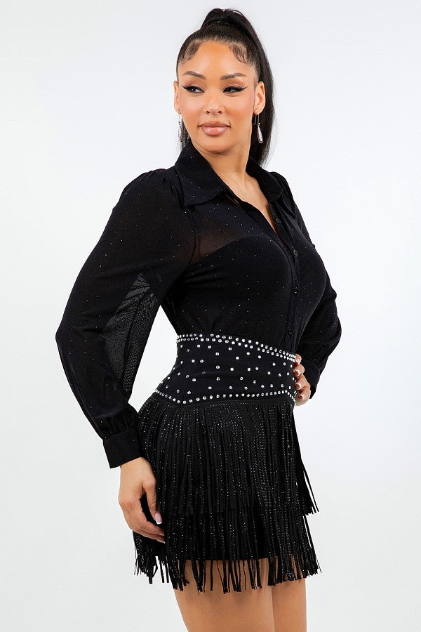 Luna Sheer & Rhinestone Button Down Collared Shirts