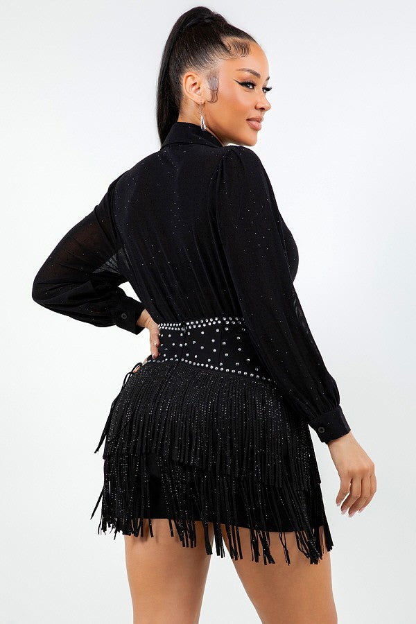 Luna Sheer & Rhinestone Button Down Collared Shirts