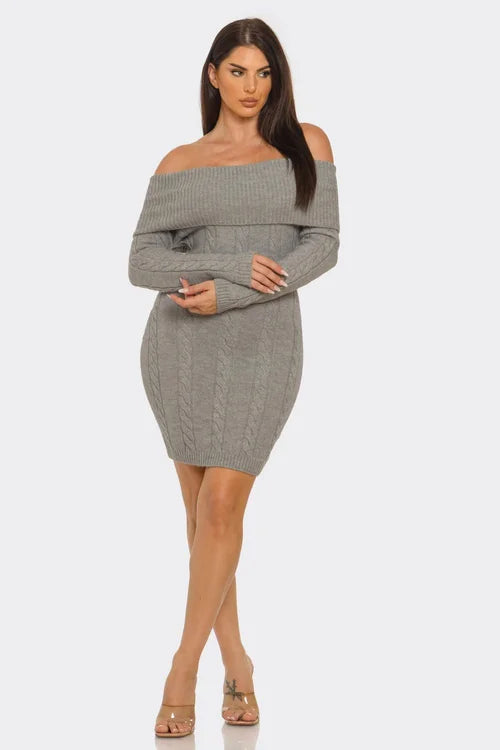 Victoria Off Shoulder Styling Fold Over Trim Sweater Dress
