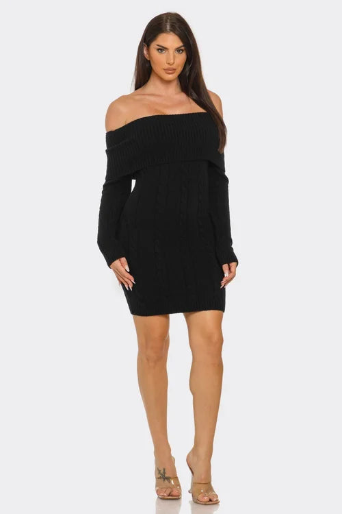 Victoria Off Shoulder Styling Fold Over Trim Sweater Dress