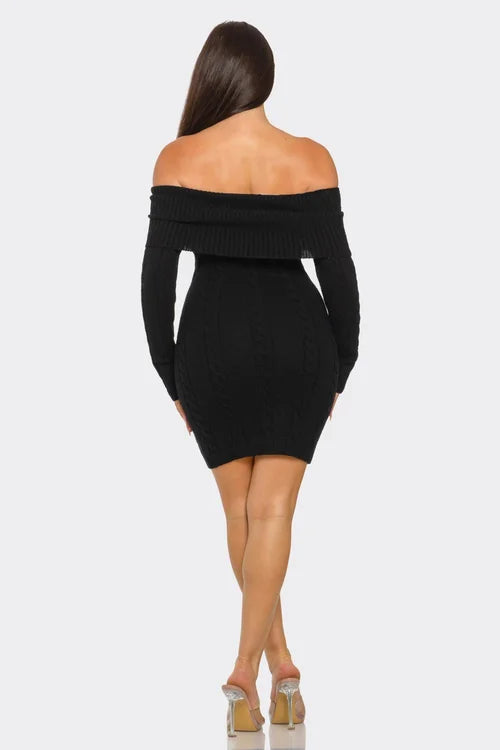 Victoria Off Shoulder Styling Fold Over Trim Sweater Dress