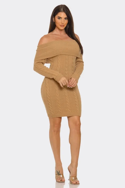 Victoria Off Shoulder Styling Fold Over Trim Sweater Dress