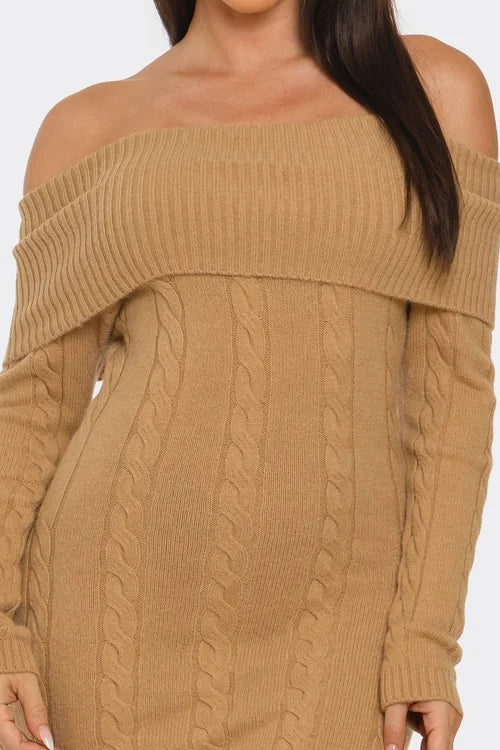 Victoria Off Shoulder Styling Fold Over Trim Sweater Dress