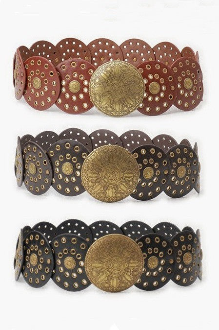Western Studded Circular Disc Snap Punk Belt